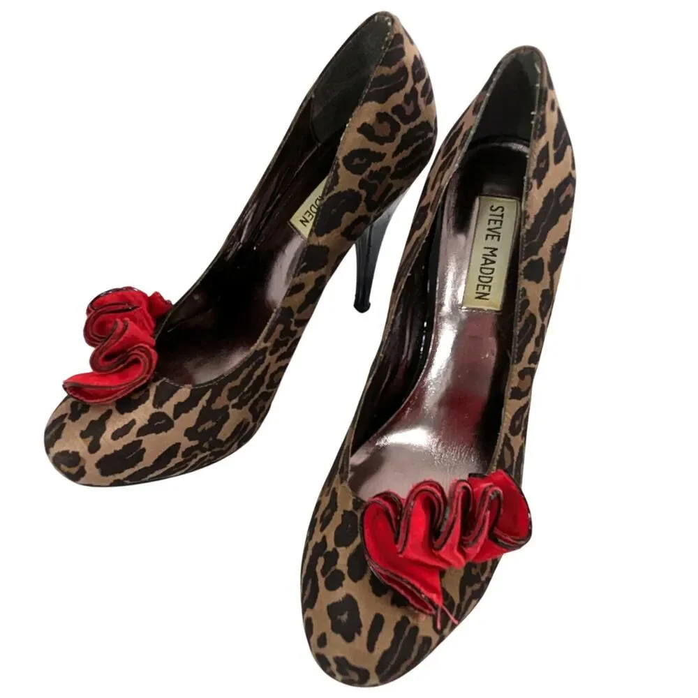 STEVE MADDEN! STILETTO PLATFORM LEOPARD PUMPS, RED RUFFLE TOE DETAIL! SZ 9.5M
